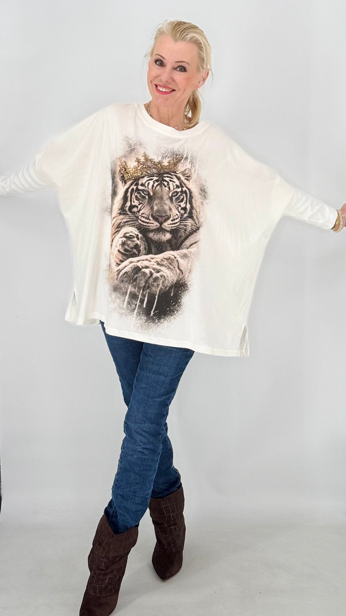 Lässiges Sweatshirt mit Tiger & Krone Frontprint in Weiß