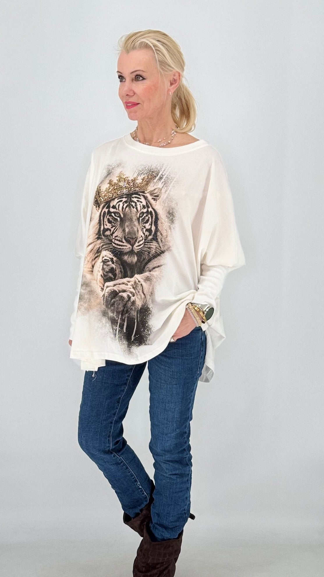 Lässiges Sweatshirt mit Tiger & Krone Frontprint in Weiß