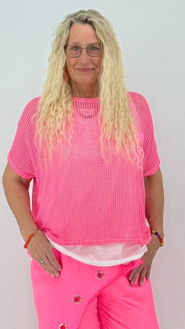 Pinkes Netzoberteil mit weißem Top "Bonjour"