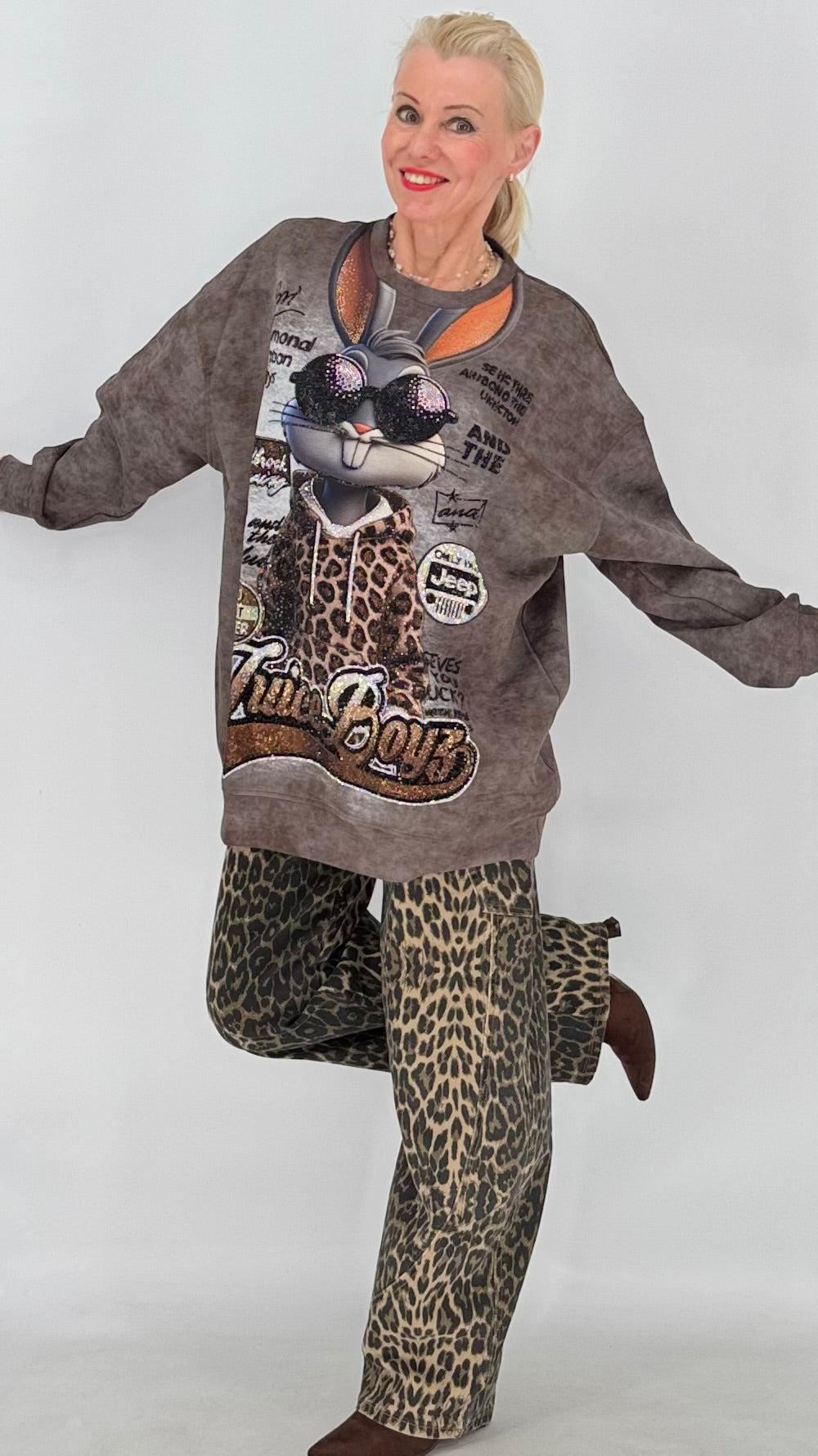 Oversized Sweatshirt mit Statement-Print, Schwarz, Braun