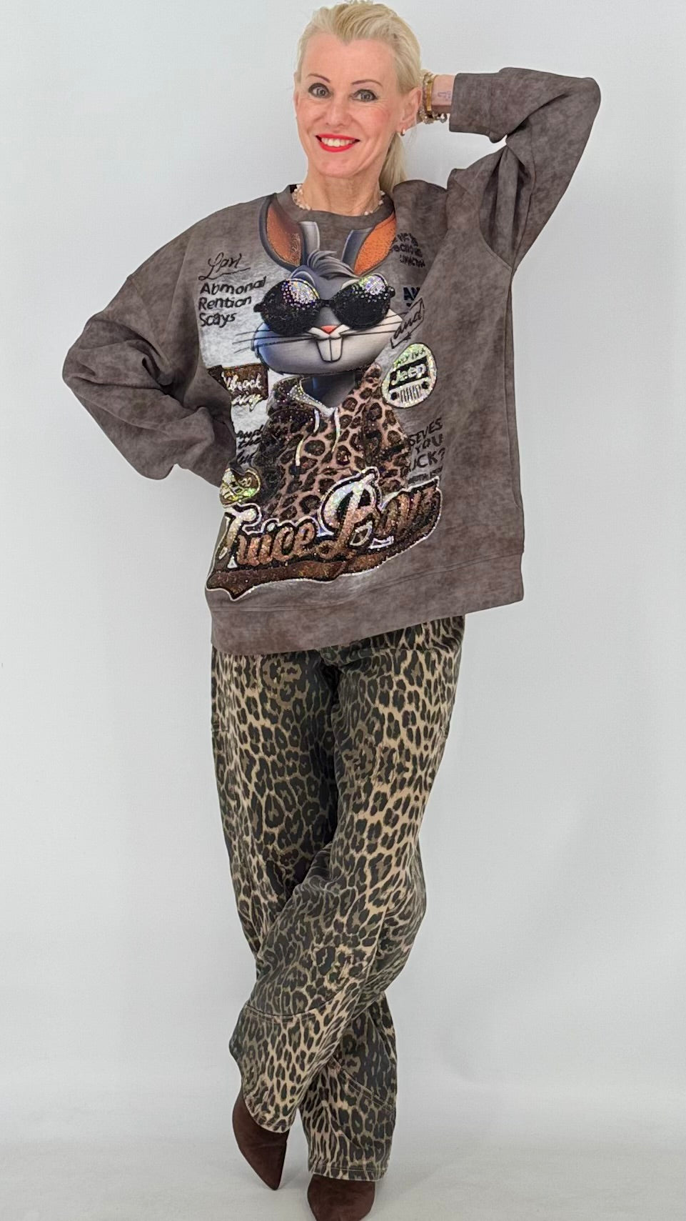 Oversized Sweatshirt mit Statement-Print, Schwarz, Braun