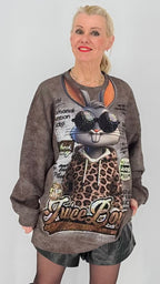 Oversized Sweatshirt mit Statement-Print, Schwarz, Braun