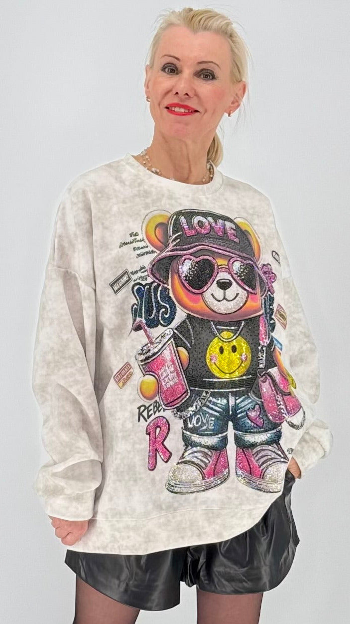 Oversized Sweatshirt mit Statement-Print "Teddy", Schwarz, Weiß