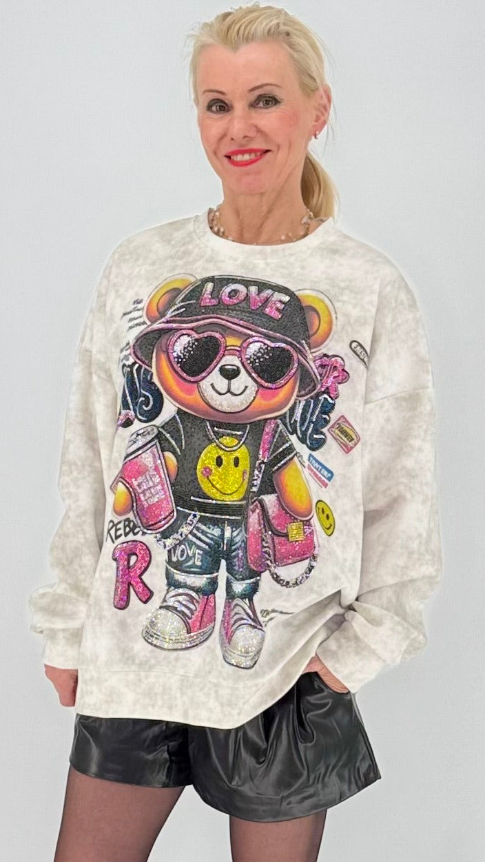 Oversized Sweatshirt mit Statement-Print "Teddy", Schwarz, Weiß