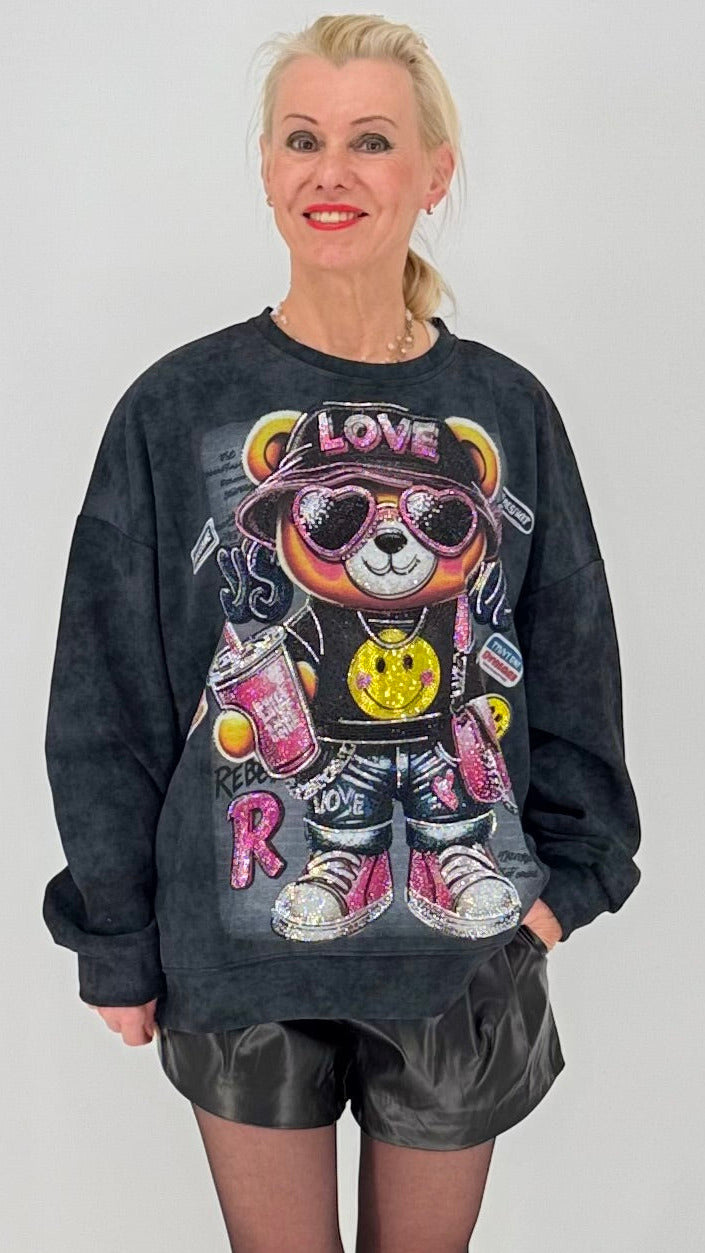 Oversized Sweatshirt mit Statement-Print "Teddy", Schwarz, Weiß