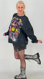 Oversized Sweatshirt mit Statement-Print "Teddy", Schwarz, Weiß