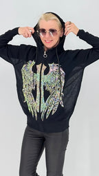 Leichte Kapuzen-Zip-Jacke mit Engel-Flügel Strassmotiv, Schwarz und Weiß