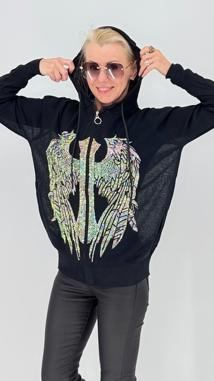 Leichte Kapuzen-Zip-Jacke mit Engel-Flügel Strassmotiv, Schwarz und Weiß