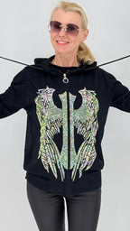 Leichte Kapuzen-Zip-Jacke mit Engel-Flügel Strassmotiv, Schwarz und Weiß