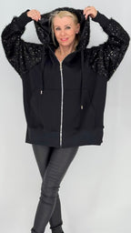 Sweatjacke mit Kapuze, Pailletten-Ärmeln & Strass-Backprint – Schwarz