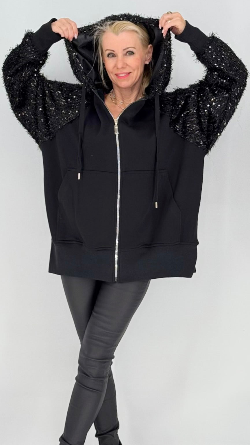 Sweatjacke mit Kapuze, Pailletten-Ärmeln & Strass-Backprint – Schwarz