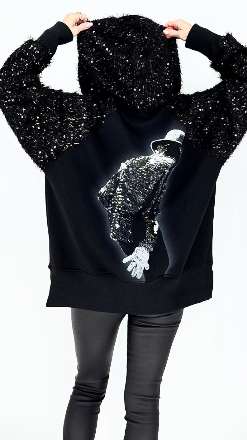 Sweatjacke mit Kapuze, Pailletten-Ärmeln & Strass-Backprint – Schwarz
