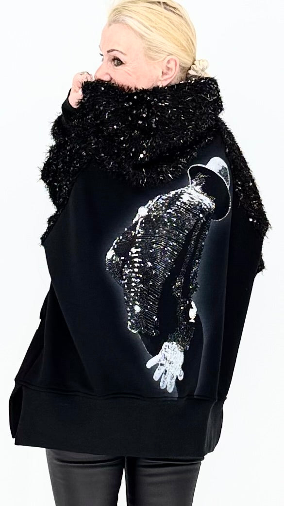 Sweatjacke mit Kapuze, Pailletten-Ärmeln & Strass-Backprint – Schwarz