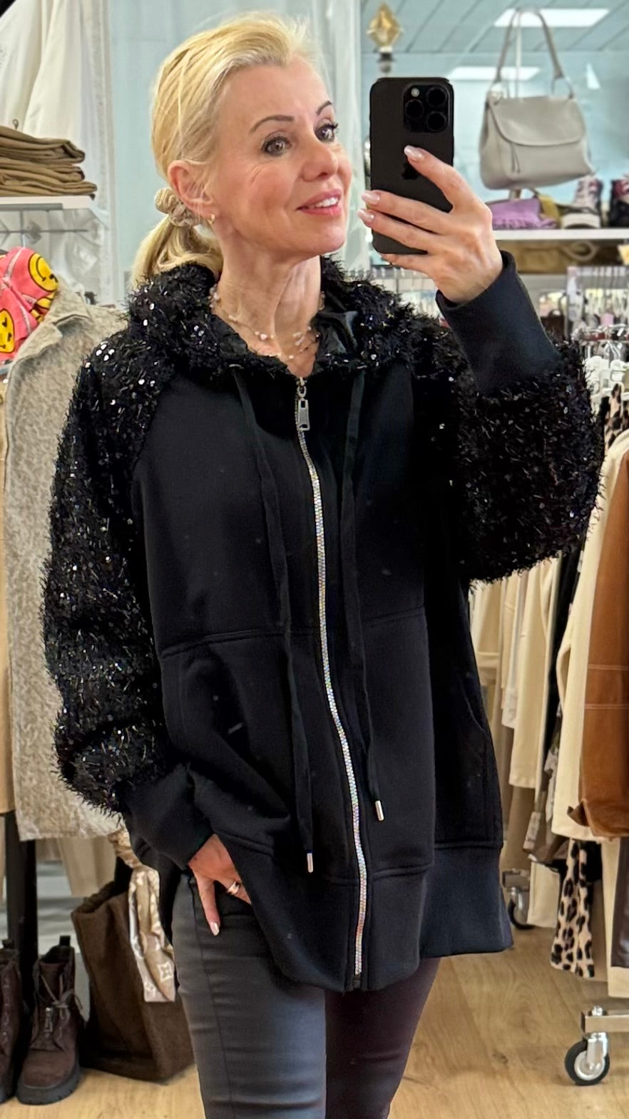 Gefütterte Sweatjacke mit Kapuze, Pailletten & Strass-Details – Schwarz