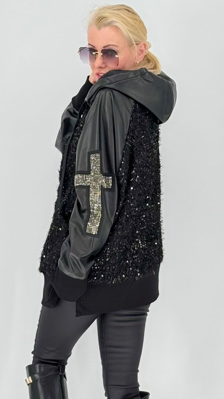 Gefütterte Sweatjacke mit Kapuze, Pailletten & Strass-Details – Schwarz