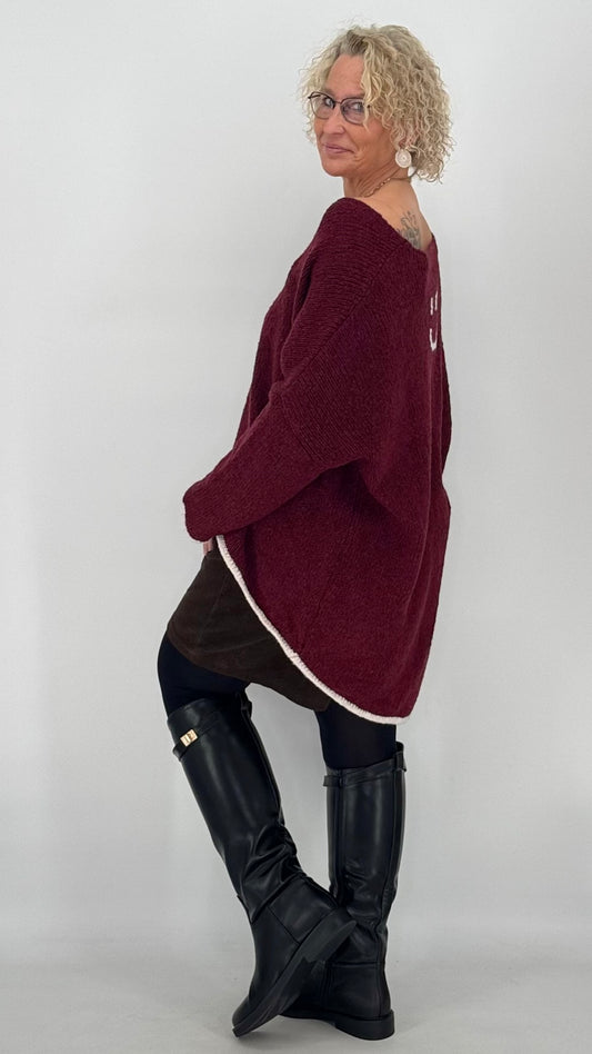 Strickpullover "Smiley"in bordeaux und creme