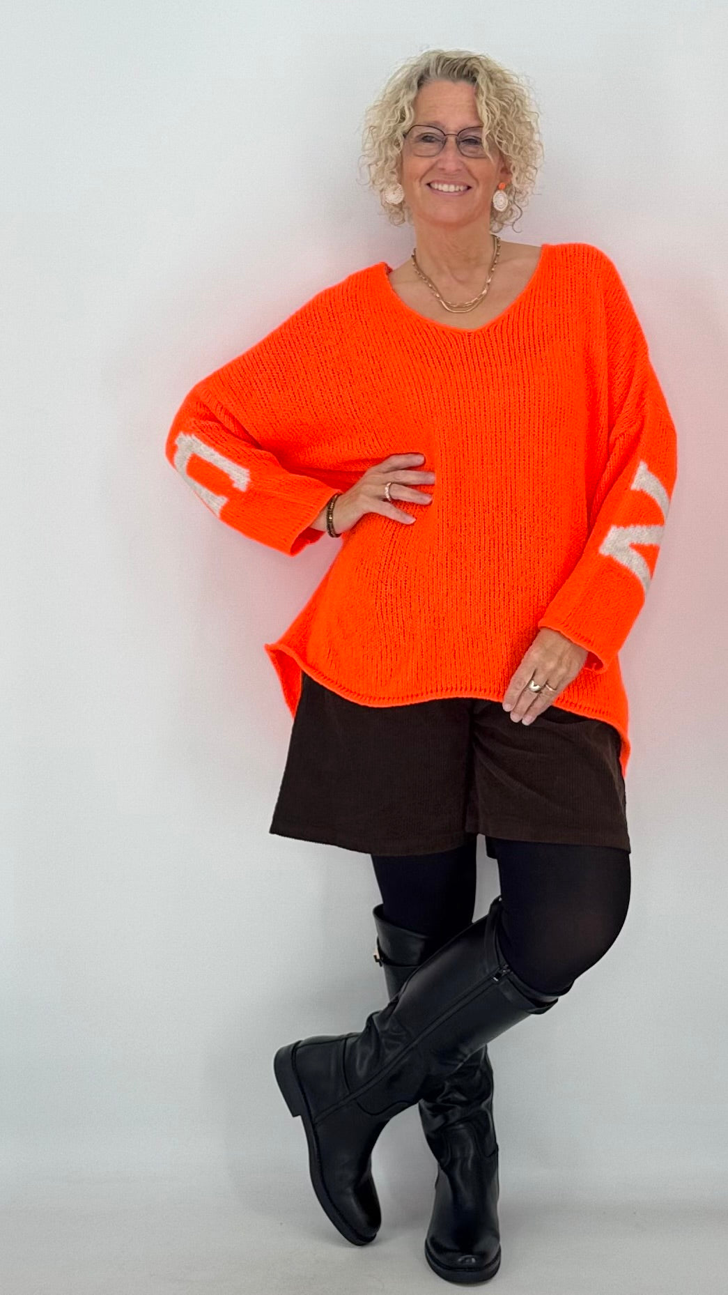 Strickpullover "Namaste", orange, braun, grau