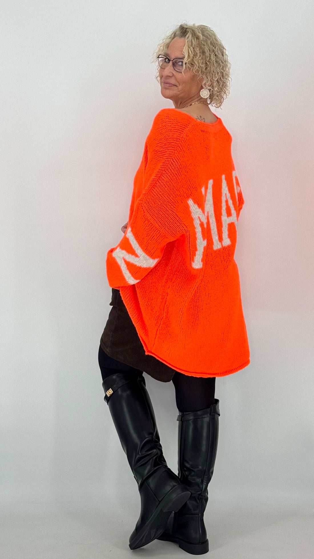 Strickpullover "Namaste", orange, braun, grau