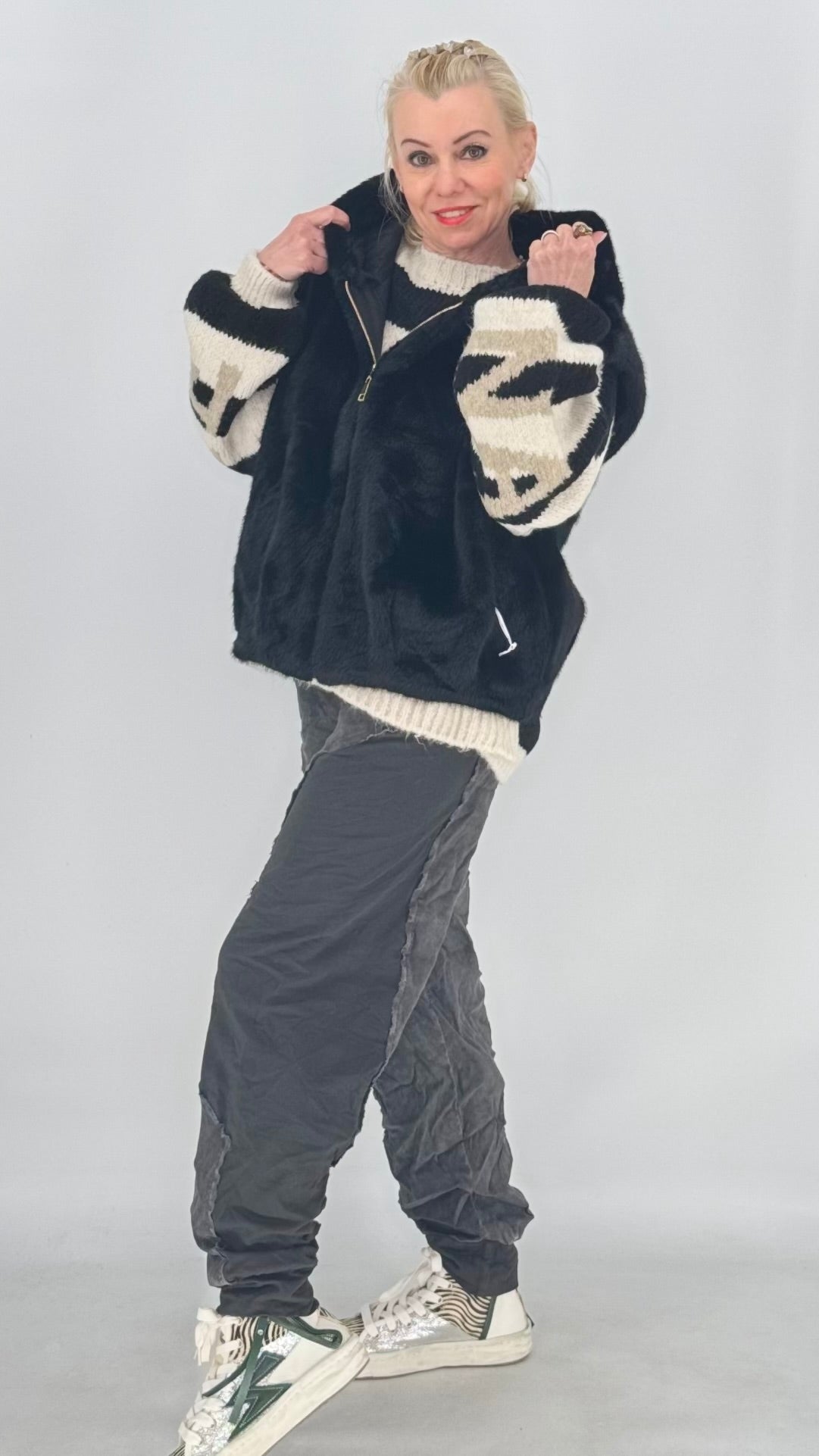 Lässige Sweat-Hose im Washed-Patchwork-Look – Grau & Schwarz