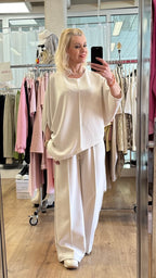 Damen Set : Hosen, Weites Bein und Oberteil Halbarm, lässig  Sommer in Creme