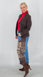 Lässige Sweat-Jeans-Mix Hose mit Print & Strass – Braun