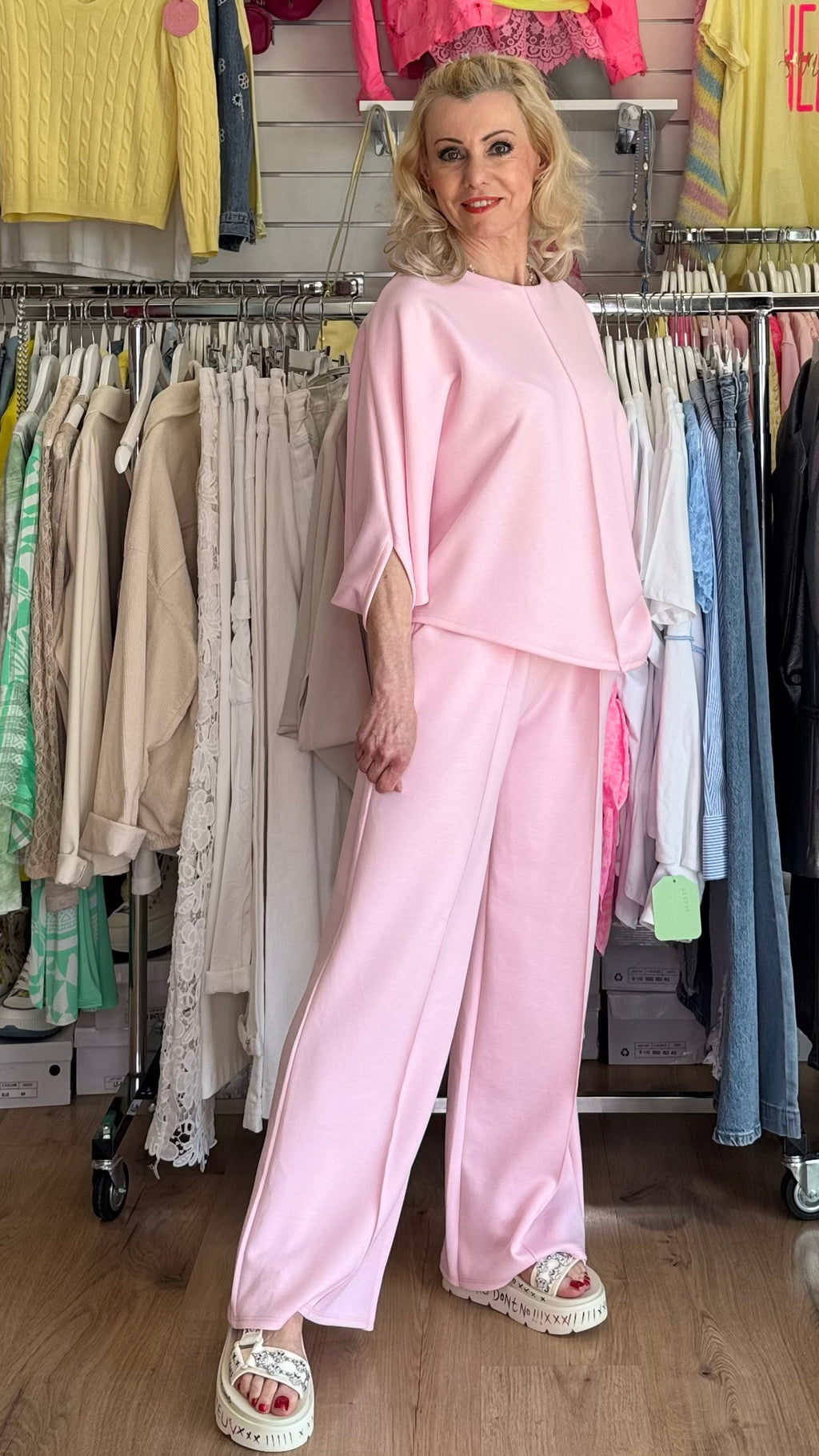 Damen Set : Hosen, Weites Bein und Oberteil Halbarm, lässig  Sommer in Rose
