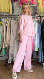 Damen Set : Hosen, Weites Bein und Oberteil Halbarm, lässig  Sommer in Rose