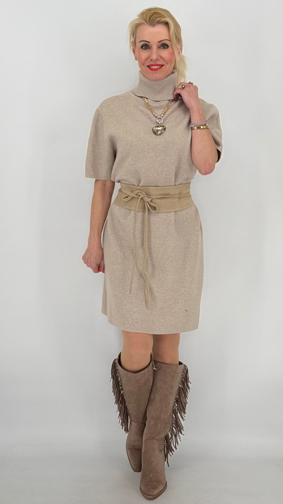 Rollkragen Strickkleid, beige, grau, taupe