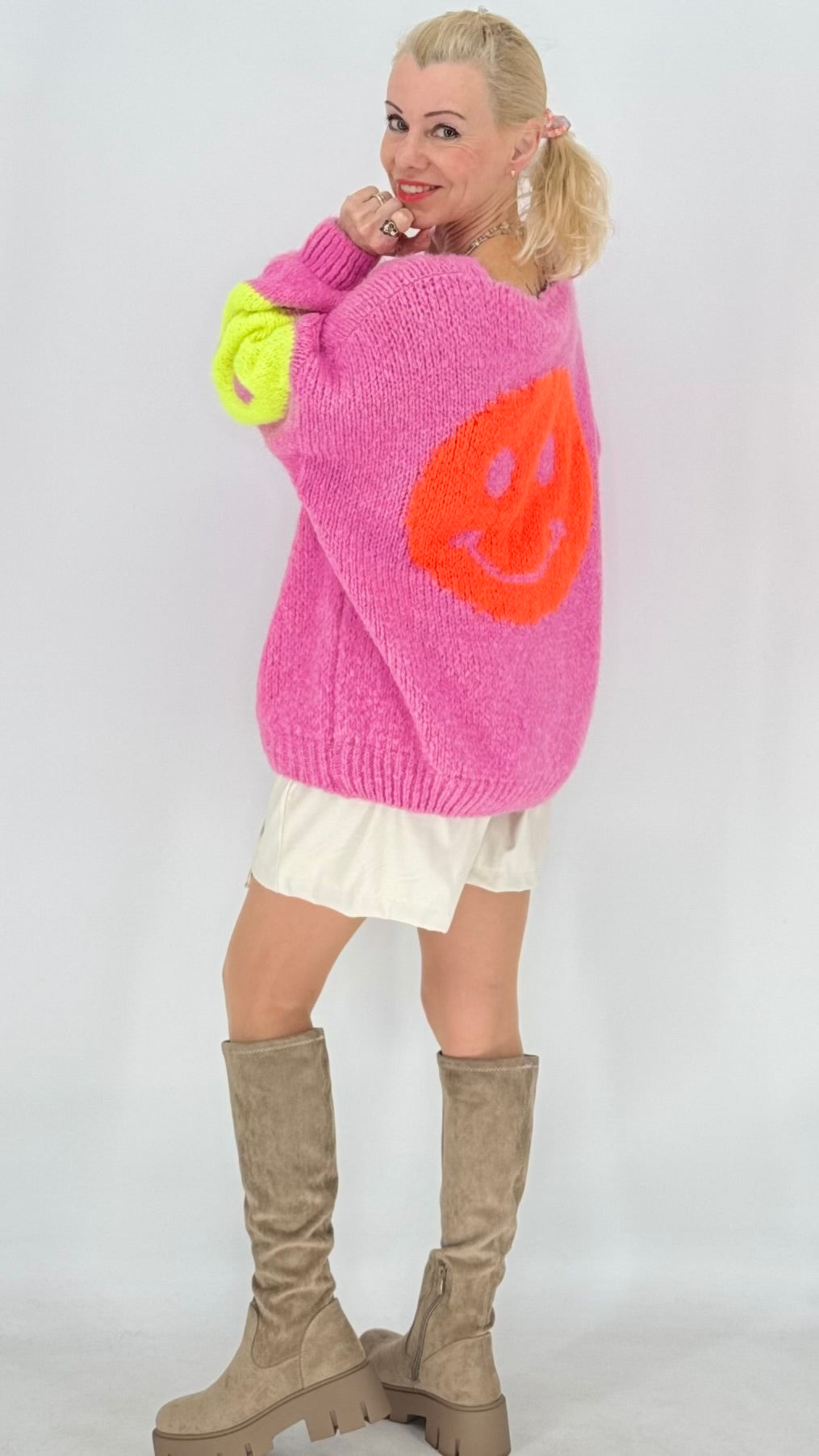 Strickpullover „Smiley“, gelb, blau, pink