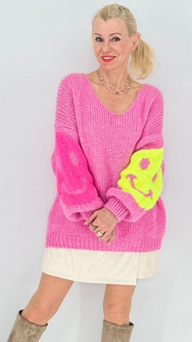 Strickpullover „Smiley“, gelb, blau, pink