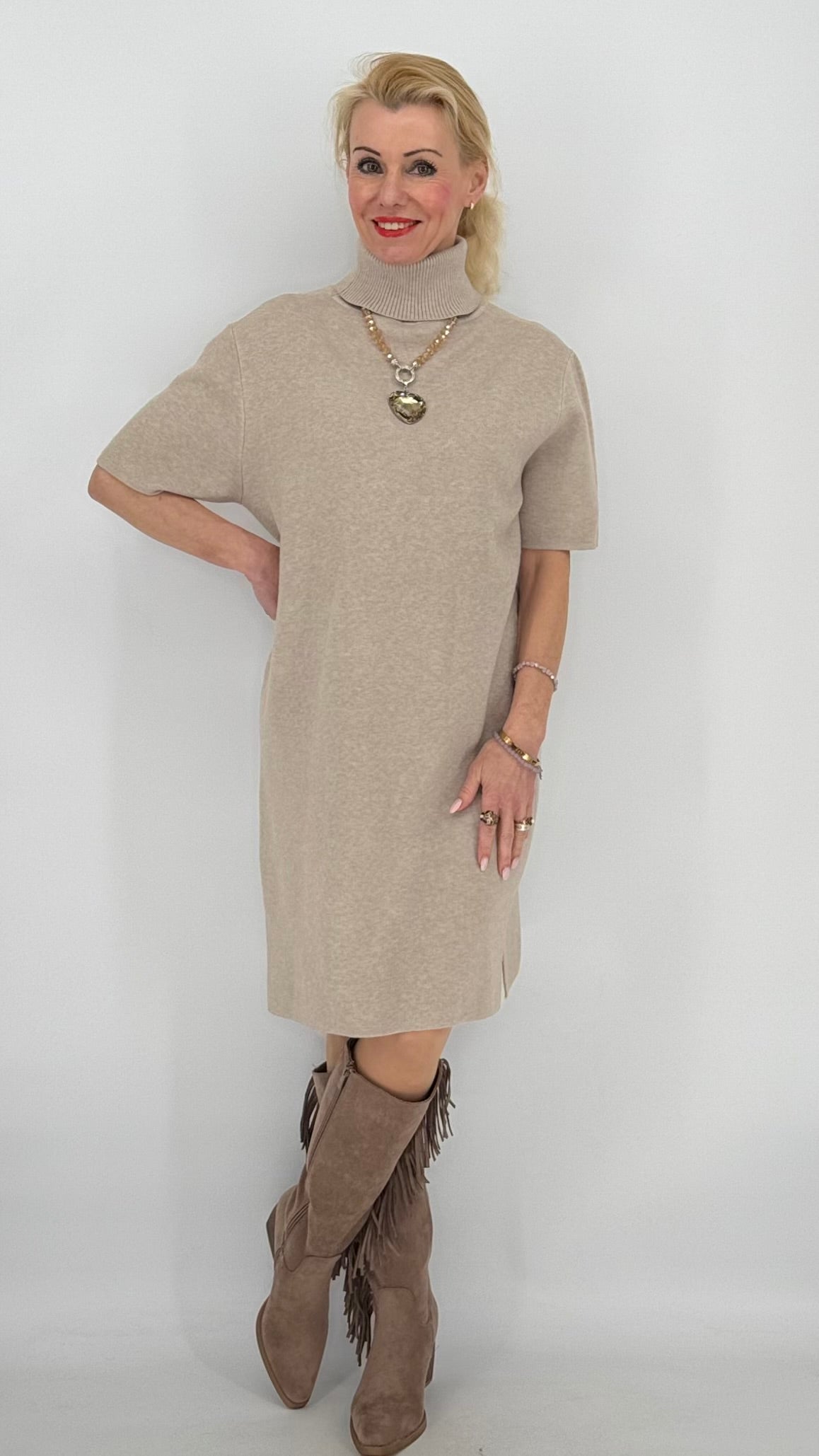 Rollkragen Strickkleid, beige, grau, taupe