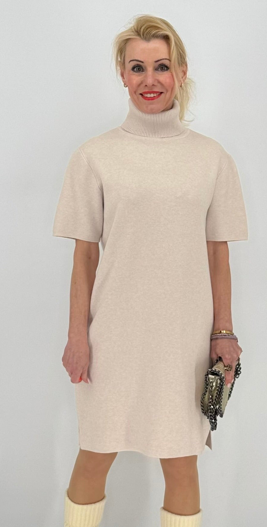 Rollkragen Strickkleid, beige, grau, taupe