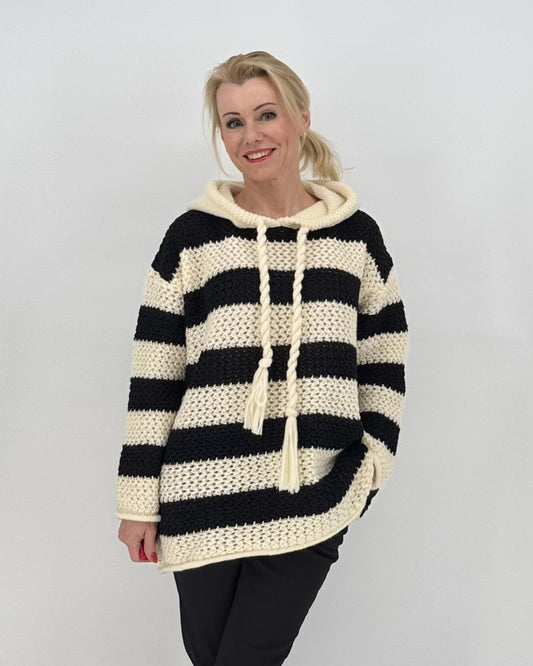 Strickhoodie Bicolor schwarz-creme