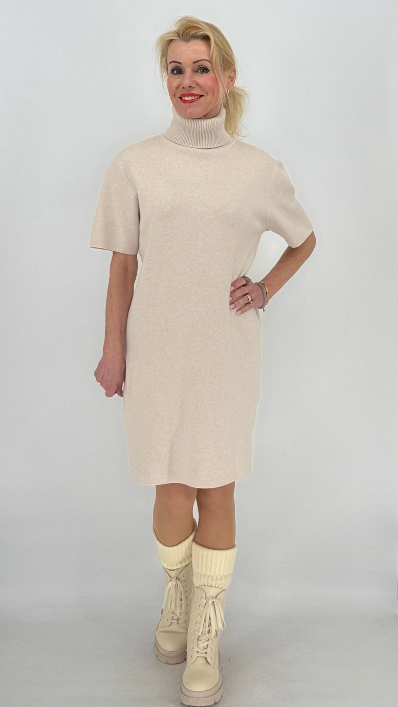 Rollkragen Strickkleid, beige, grau, taupe