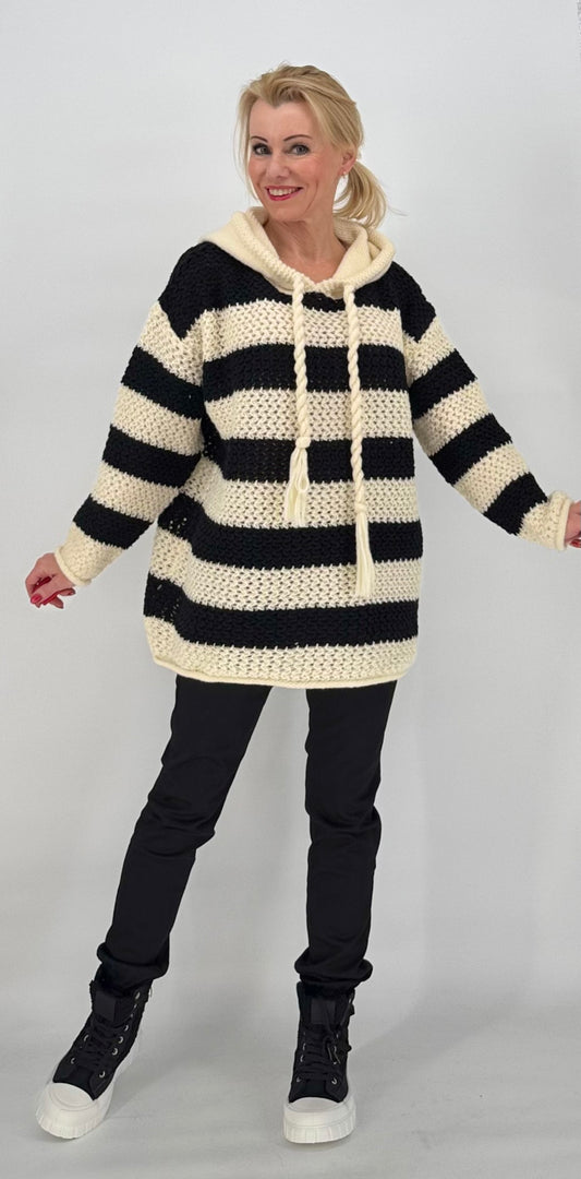 Strickhoodie Bicolor schwarz-creme