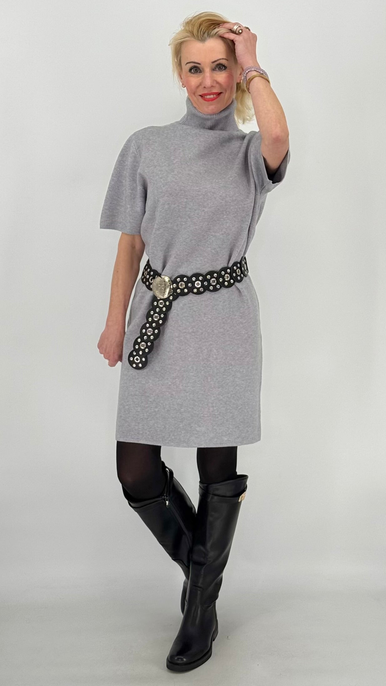 Rollkragen Strickkleid, beige, grau, taupe