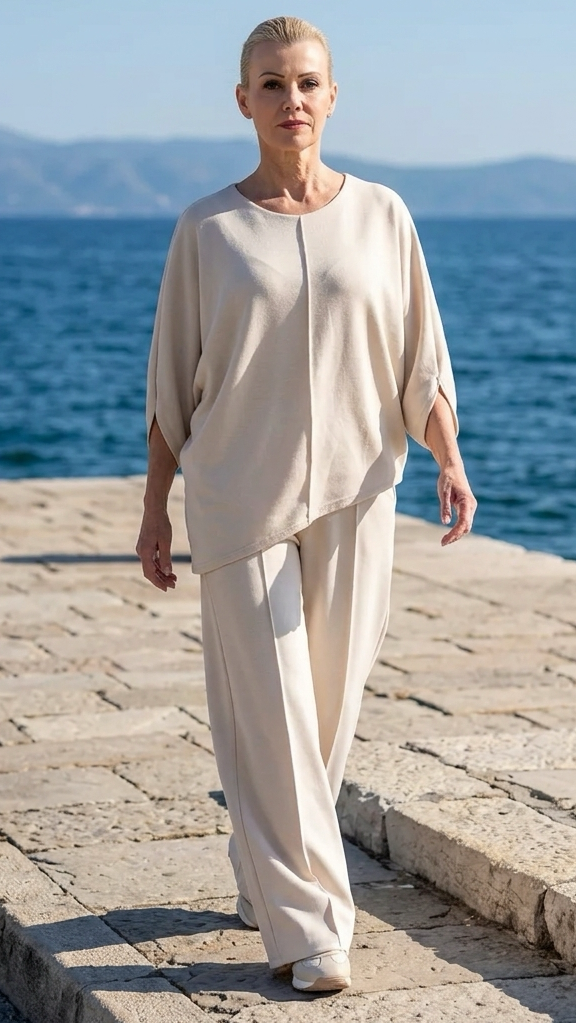 Damen Set : Hosen, Weites Bein und Oberteil Halbarm, lässig  Sommer in Creme