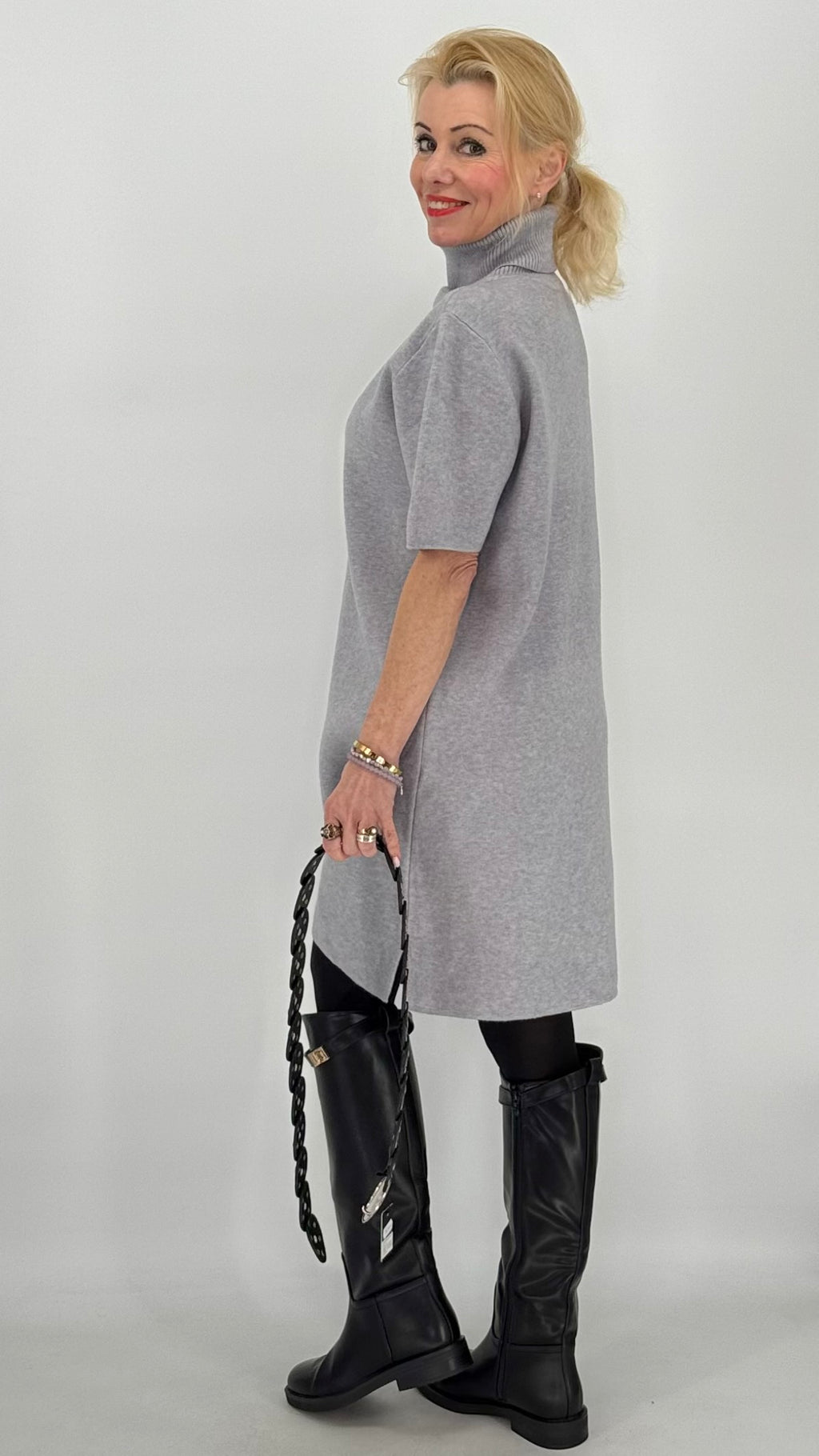 Rollkragen Strickkleid, beige, grau, taupe