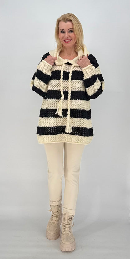 Strickhoodie Bicolor schwarz-creme