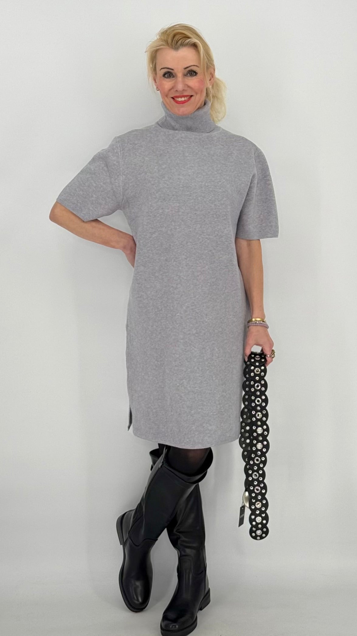 Rollkragen Strickkleid, beige, grau, taupe