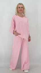 Damen Set : Hosen, Weites Bein und Oberteil Halbarm, lässig  Sommer in Rose