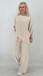 Damen Set : Hosen, Weites Bein und Oberteil Halbarm, lässig  Sommer in Creme