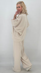 Damen Set : Hosen, Weites Bein und Oberteil Halbarm, lässig  Sommer in Creme