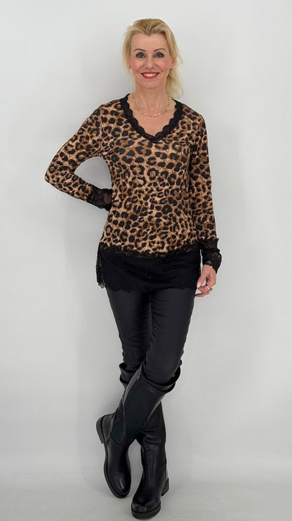 Basic Langarmshirt, leo, rot, braun, orange, pink, taupe, beige, schwarz