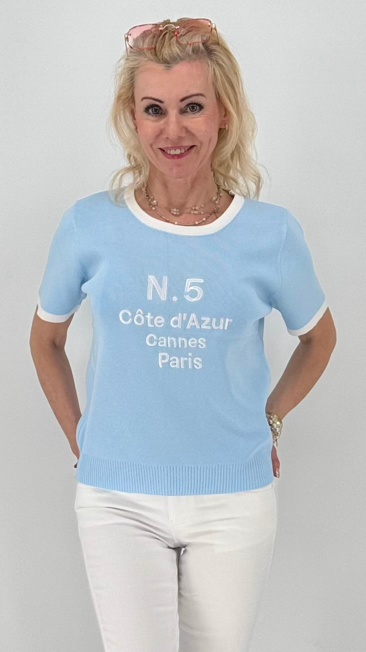 Feinstrick T-Shirt sommerlich Riviera-Style in Hellblau