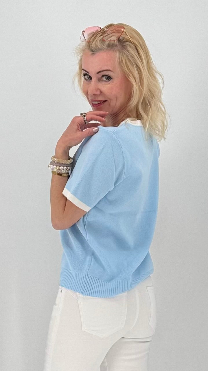 Feinstrick T-Shirt sommerlich Riviera-Style in Hellblau