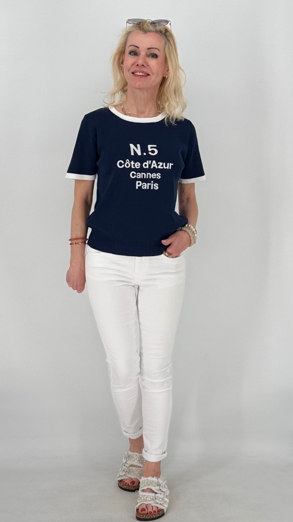 Feinstrick T-Shirt sommerlich Riviera-Style in Marineblau