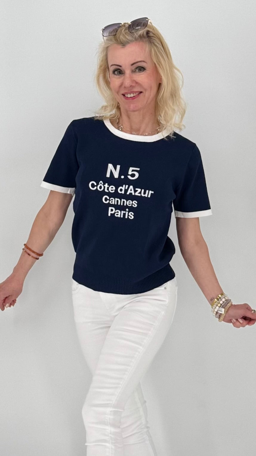 Feinstrick T-Shirt sommerlich Riviera-Style in Marineblau