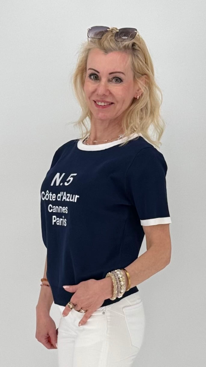 Feinstrick T-Shirt sommerlich Riviera-Style in Marineblau