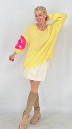 Strickpullover „Smiley“, gelb, blau, pink